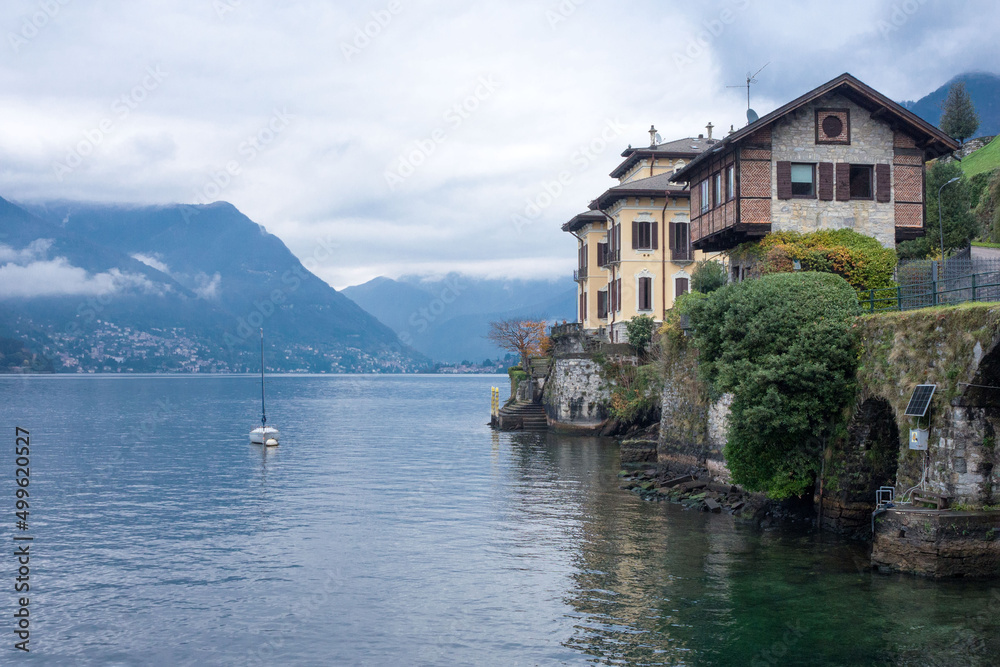 Beautiful view of the lake Como in the Lombardy region of Italy on a cloudy day. Travel Italy.