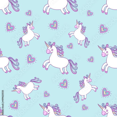 Cute unicorn and heart seamless pattern on light blue background. Vector illustration can be used for baby clothing design and for scrapbooking design for wrapping and digital paper.