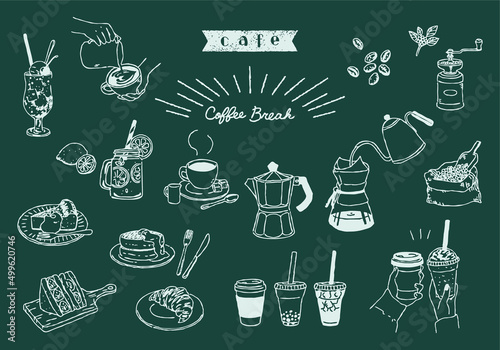 カフェ　線画イラストセット　チョークアート　