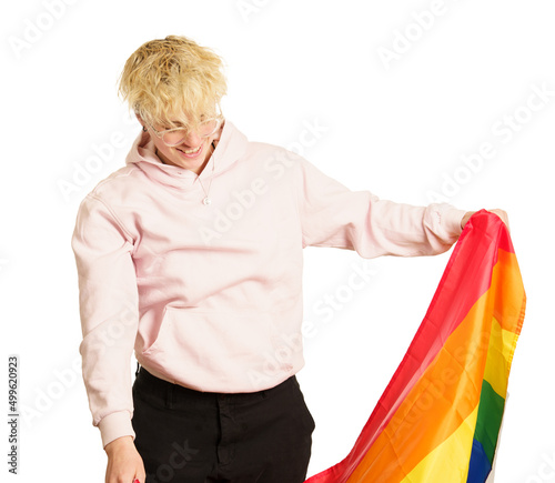 Woman holding rainbow flag on a white background