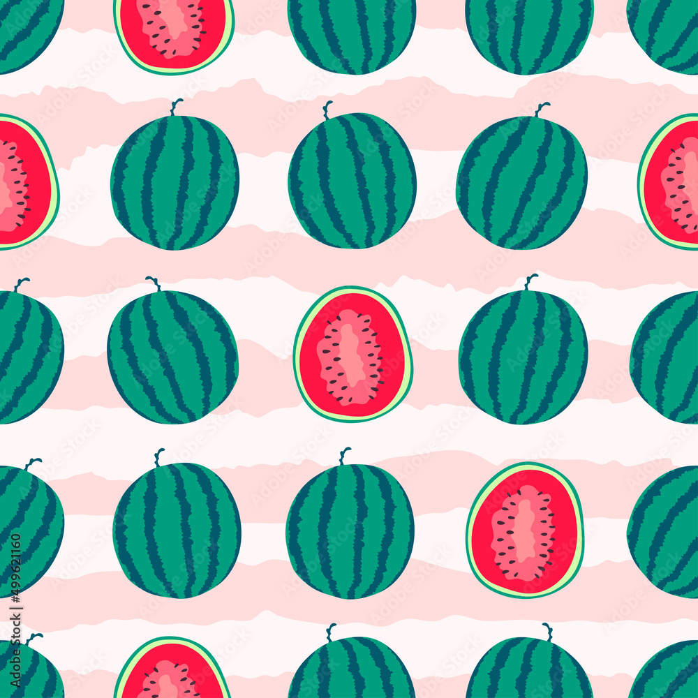 Vector watermelons hand drawn seamless pattern. Cute summer fresh fruits print. Whole green watermelons and red half slices with seeds repeat texture on striped background for fabric design, textile Vector watermelons hand drawn seamless pattern. Cute summer fresh fruits print. Whole green watermelons and red half slices with seeds repeat texture on striped background for fabric design, textile