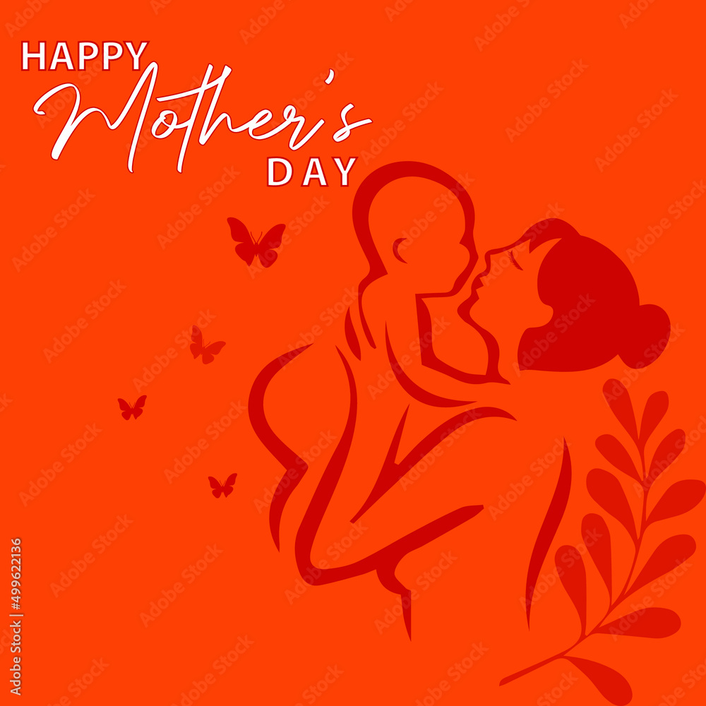 Mother's day holiday design. Mother with her baby stylized silhouettes on pink backgrounds for mothers day greeting card, banner, poster.