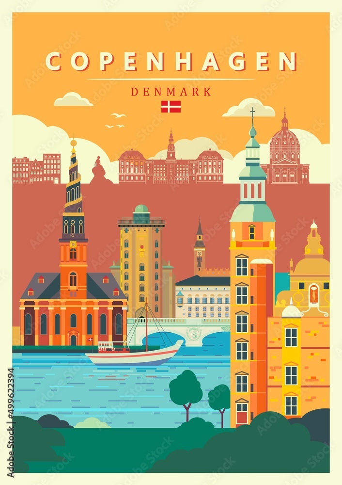Copenhagen city  landmarks poster design, Denmark