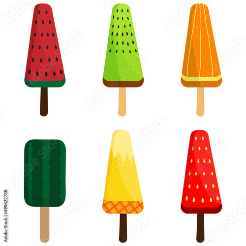 set of 6 ice pops, Vector ice pops collection of 6 as fruit, Fruit flavor ice pops, Fruit ice pops, ice-cream popsicle
