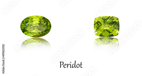 collection of macro mineral stones, set of faceted Peridot precious minerals on a white background photo