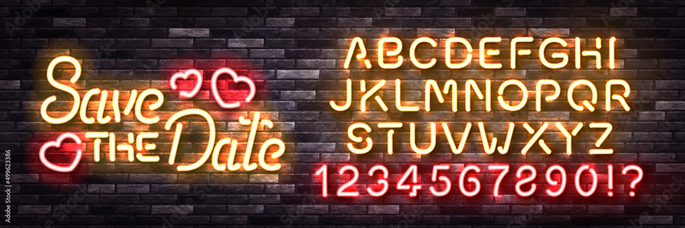 Vector realistic isolated neon sign of Save The Date logo with easy to change color alphabet font on the wall background. Vector realistic isolated neon sign of Save The Date logo with easy to change color alphabet font on the wall background.