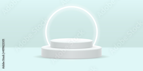 Vector realistic podium platform with blue neon in abstract stage for product placement and display.