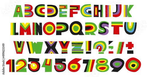 Juicy colorful ABC and numbers. Collage cutout letters and numbers. Highlighting rainbow text alphabet