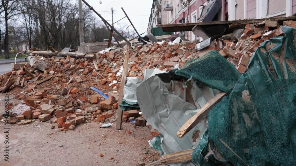 Chernihiv Ukraine 2022: A destroyed building after air attack. Result of rocket or artillery shelling   residential buildings by Russian Federation army.
Ruins during War of Russia against Ukraine.