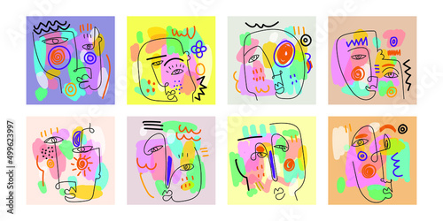 Set of abstract face portrait line art vector illustration. Trendy colorful design templates abstract shapes hand drawing.