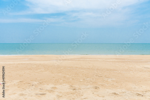 Summer beach  sea  sand  and blue sky are beautiful on the day. View with of nice tropical beach. Vacation holidays background. Wallpaper. Copy space for design or content. Summer day concept