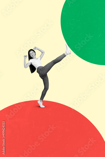 Vertical composite portrait of black white gamma strong girl leg hold huge falling ball isolated on drawing background photo