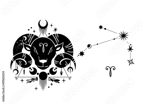 Hand drawn Aries zodiac sign isolated clipart on white, unique astrology symbol and constellation, mystical horoscope sign in black silhouette, modern vector