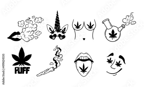 Weed leaves hand drawn cliparts bundle, Cannabis pot leaf isolated items on white, Marijuana good vibes printable images set, vector