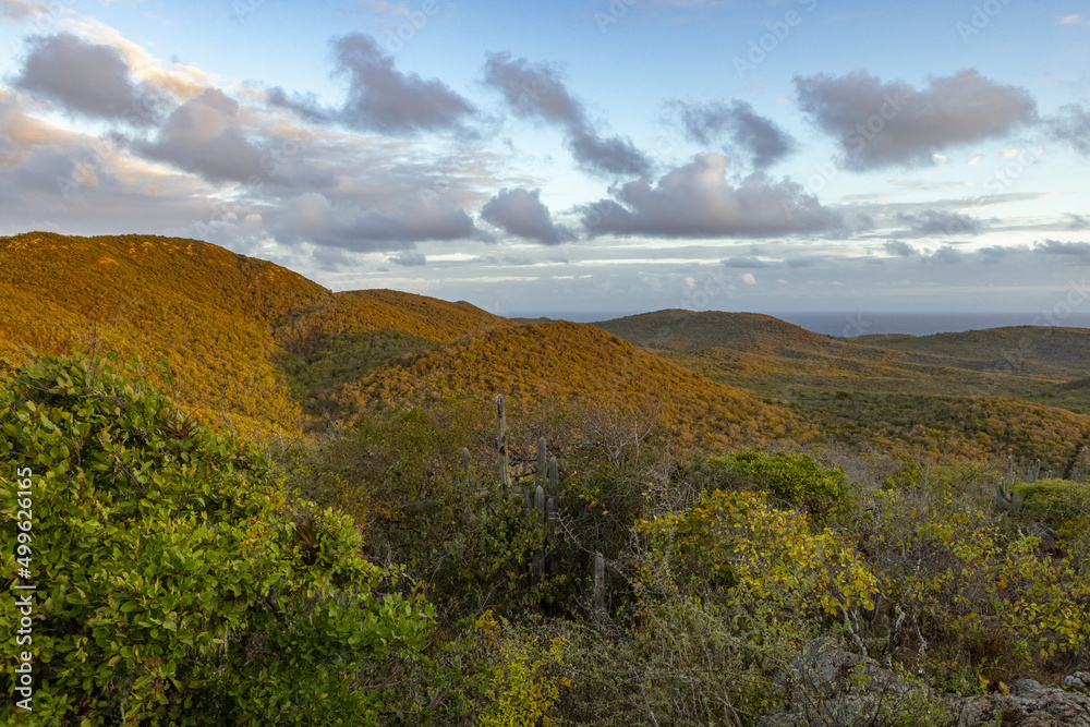 Sunrise over Christoffel National Park during the hike up to the top of Christoffel mountain on the Caribbean island Curacao