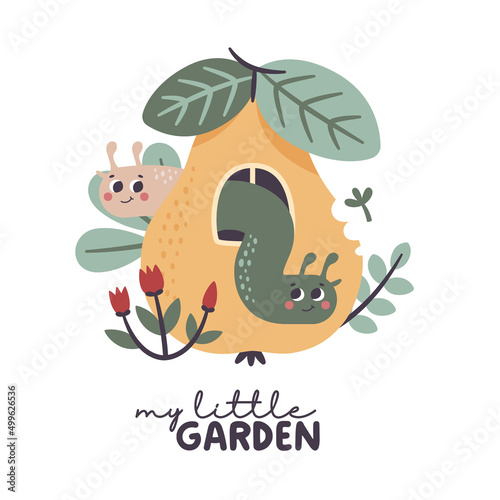 Cute vector cartoon flat insects worms on pear with windows  leaves  tulips  flowers in the garden