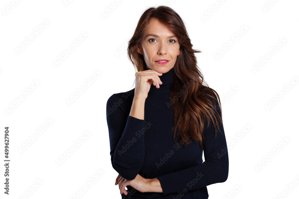 Beautiful middle aged woman studio portrait while standing at isolated white background Beautiful middle aged woman studio portrait while standing at isolated white background