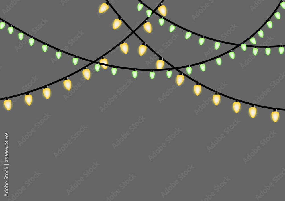 Yellow lamp garland on a gray background. Light vector illustration. Party banner design.