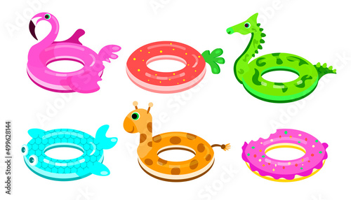 Set of colorful swim rings in cartoon style. Vector illustration of lifebuoys, pool rubber toys and sea with design flamingo, strawberry, dragon, fish, giraffe and donut on white background.