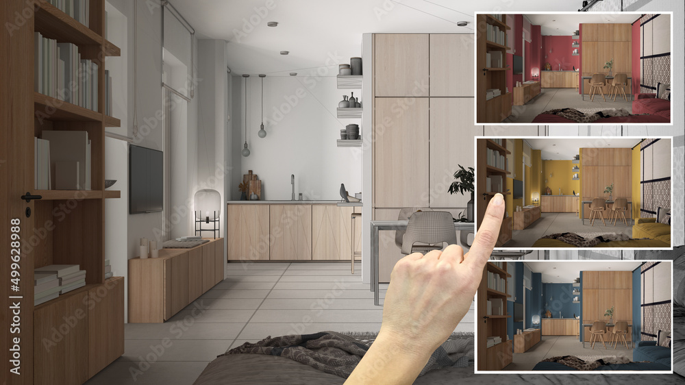 Architect designer concept, hand showing cozy wooden kitchen, living ...