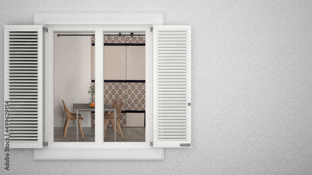 Exterior plaster wall with white window with shutters, showing dining room with wooden chairs, blank background with copy space, architecture design concept idea, mockup template Exterior plaster wall with white window with shutters, showing dining room with wooden chairs, blank background with copy space, architecture design concept idea, mockup template
