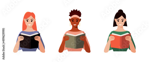 Set women reading book at a desk. Cute vector illustration in cartoon style. Learning concept.