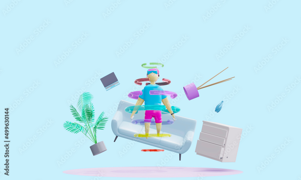 3d render. Augmented reality. character in VR glasses and with joysticks in zero gravity