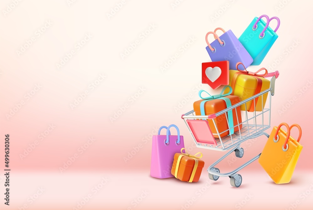 Fototapeta premium 3d Metal Shopping Cart Plasticine Cartoon Style. Vector illustration of Trolley Market with Paper Bags and Present Gift