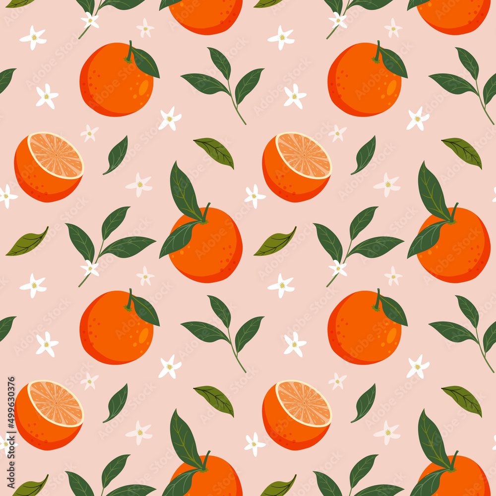 Summer tropical oranges with leaves and flowers seamless pattern on a pastel pink background. Vector design with fruits for wallpapers, textiles