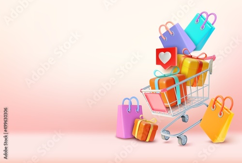 3d Metal Shopping Cart Plasticine Cartoon Style. Vector illustration of Trolley Market with Paper Bags and Present Gift