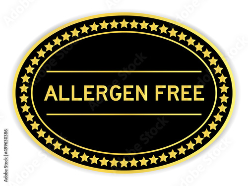Black and gold color oval label sticker with word allergen free on white background