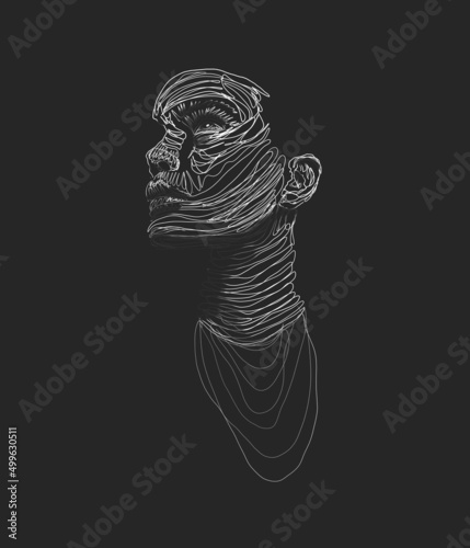 Creative abstract illustration of a woman portrait  looking up. Sensational sketch  doodle  artwork of a beautiful female. Continuous line of threads and doodles forming the shape of a gorgeous lady.