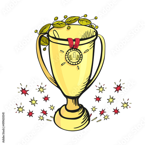Sports winner symbols. Set of cartoon vector hand drawn laurel wreath, cup, medals, salute isolated on white background.