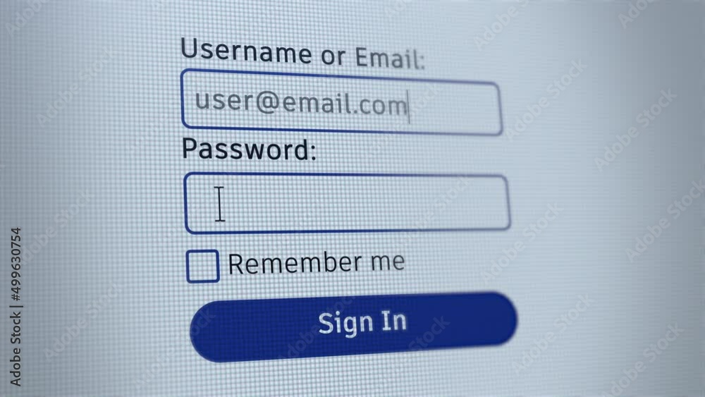 Login on computer screen. Typing username and password with pixelated effect. Tutorial on how to access your account or sign in.
