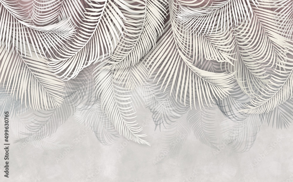 Photo wallpaper with tropical leaves. Decorative fresco in the grunge style. Palm leaves on a gray background. Large tropical leaves. - obrazy, fototapety, plakaty 