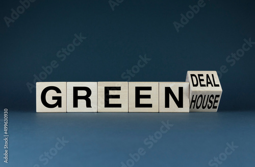 Green house - Green deal. Cubes form words Green house - Green deal. Eco real estate acquisition concept