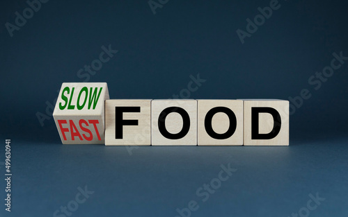 Slow or fast food. Cubes form words Slow food or fast food