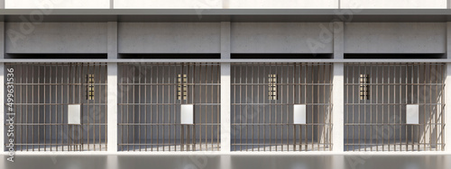 Prison cellblock, jail bar door locked, empty dungeon in a row, front view. Jailhouse. 3d render