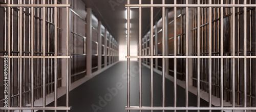 Prison corridor, jail cell and open metal bars door, empty dark facility interior, 3d render