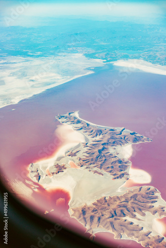 Aerial View Of Lake Urmia From Window Of Plane. Beautiful Lake Urmia Is An Endorheic Salt Lake In Iran. Aerial View Of Jezireye Island-Eshek. West Azerbaijan Province, Iran, Kurdistan. photo