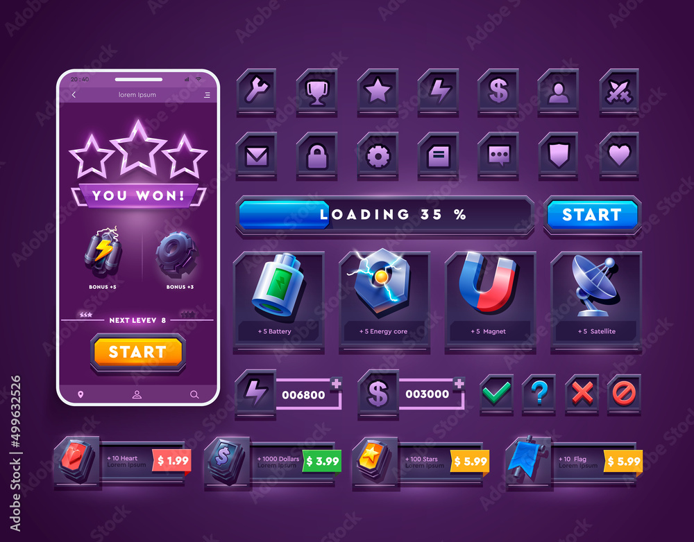 Set of icons and buttons for 2d space game. Big set buttons for games and app. Metal game UI kit. Space game icon.
