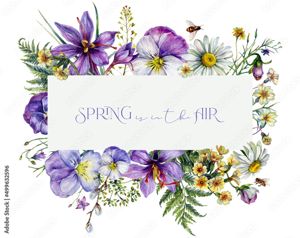 Hand Drawn Watercolor Floral Decoration Isolated on White. Spring Flowers Arrangement in Vintage Style.