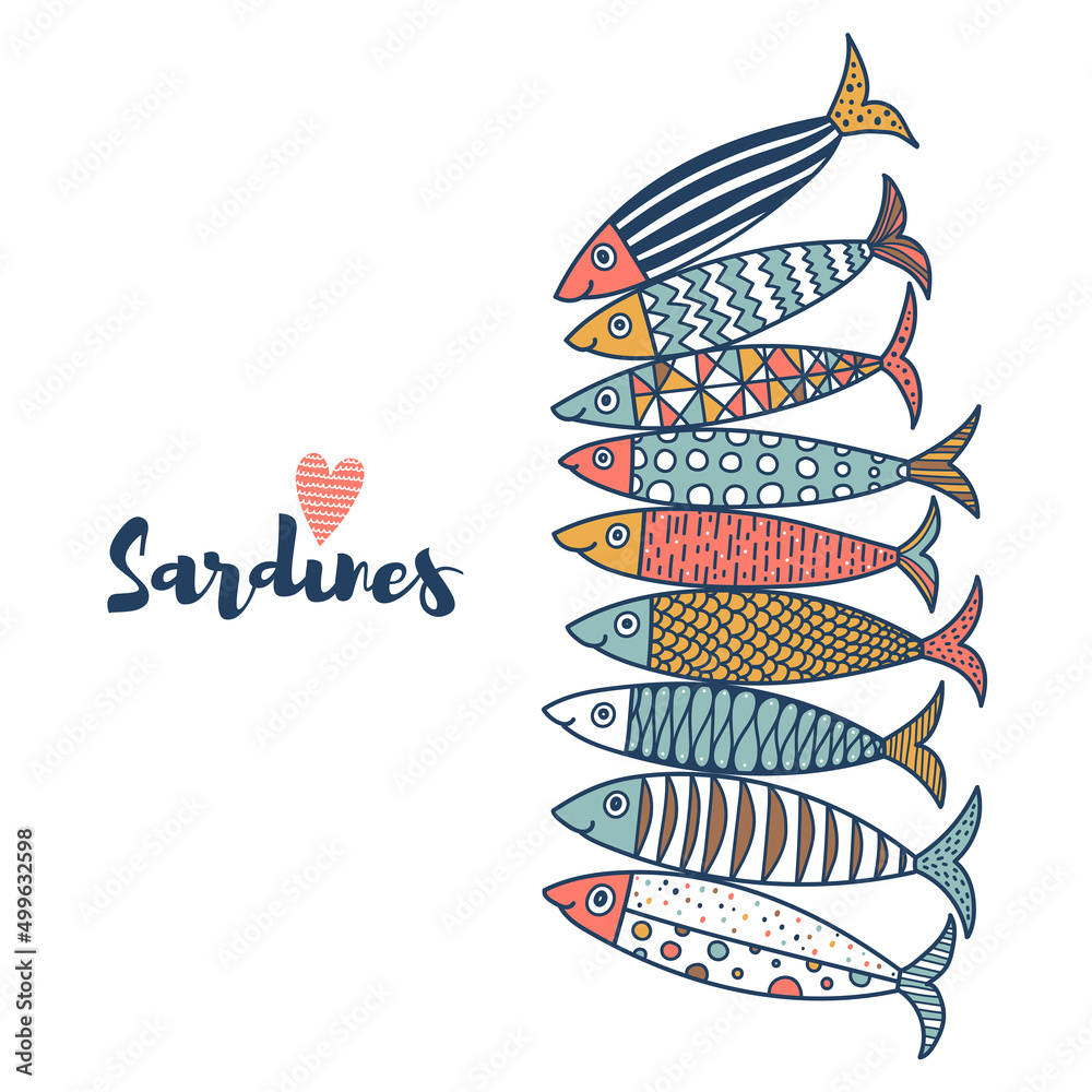 Cute sardines. Colorful greeting card.