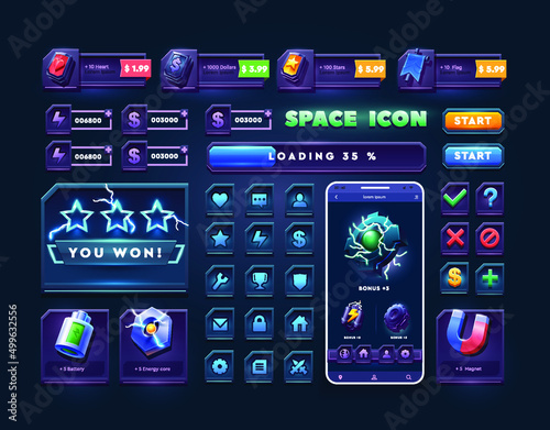 Set of icons and buttons for 2d space game. Big set buttons for games and app. Metal game UI kit. Space game icon.  © Serhii