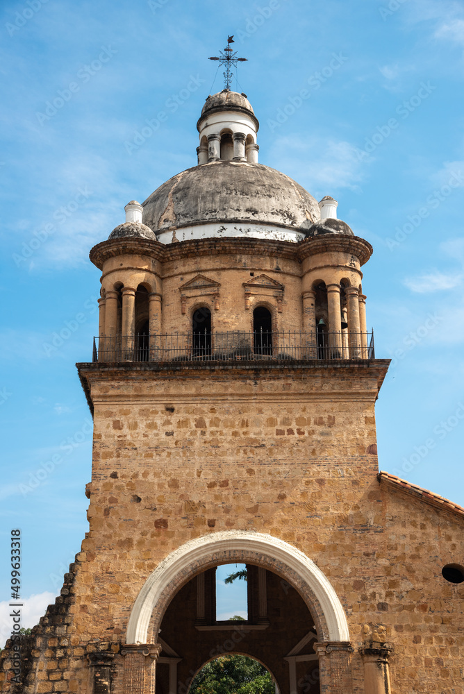 Bell tower of the historic temple of the Villa del Rosario in the city of Cúcuta. Colombia