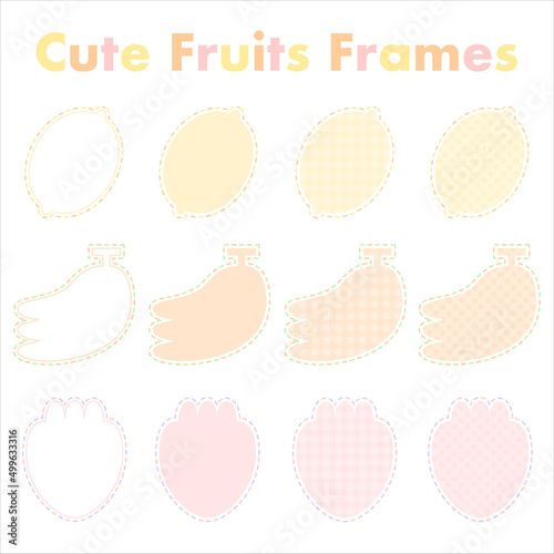 set of cute fruits frames, lemon, bananas, strawberry, yellow, orange, pink, (The inside are white base)  果物フレームセット　レモン　バナナ　いちご　チェック　水玉　白地ベース
