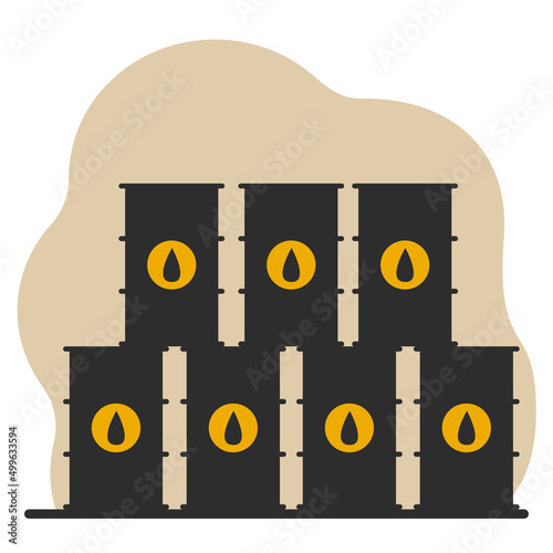 Black metal barrels depicting oil drops. Oil, fuel, petrol barrels. Vector