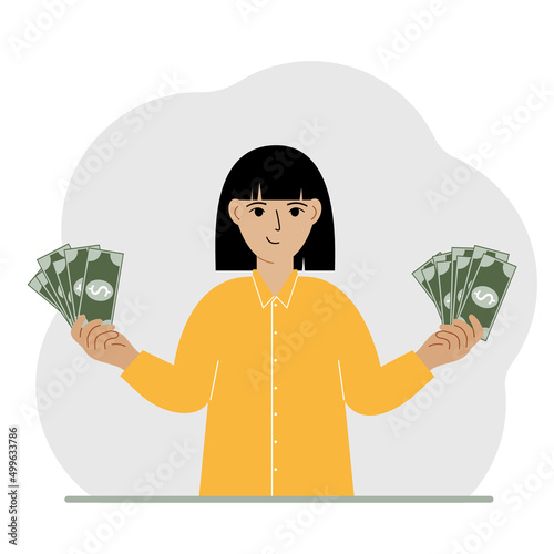 A woman with banknotes in both hands. The concept of wealth. Vector