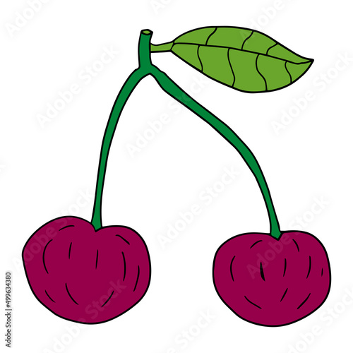 Cartoon cute cherry in doodle style. Fruits isolated on white background.