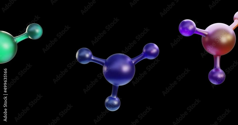 3d white and purple, yellow, red, orange, green molecules, circles, spheres, combine. Animation of compounds of substances, vitamins, molecules